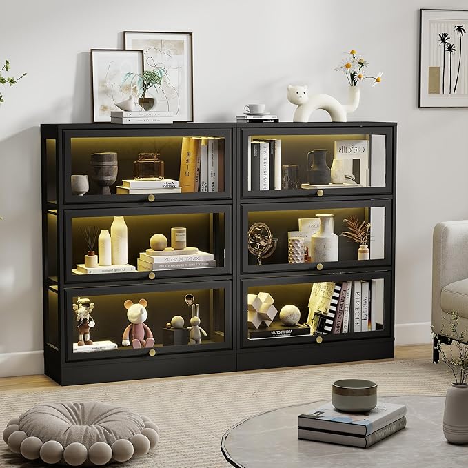 Display Cabinet with Acrylic Glass Doors,3-Tiers Curio Cabinet with LED Lighting for Collectibles, Collectibles Toy Organizers Rack & Display Shelf Display Case Storage Cabinet, Black