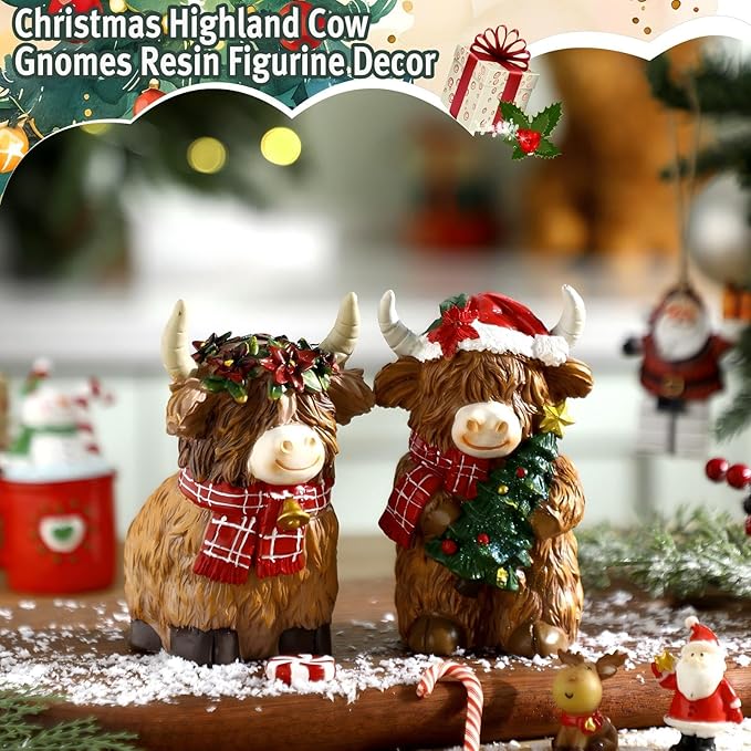 Burbell 2 Pack Christmas Highland Cow Decor Resin Highland Cow Figurine Christmas Cows Gnomes with Santa's Hat Scarf Resin Statue for Garden Table Shelf Home Decor Calf Gnome Herd Gifts