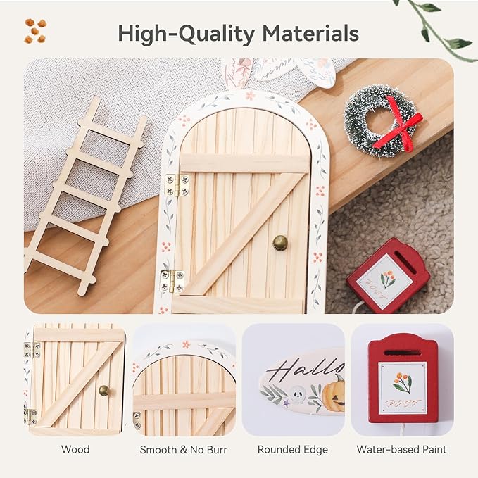 Mamimami Home Festival Wooden Little Magical Fairy Door, Elf Miniature Tiny Door with Ladder and Wreath, Tooth Fairy Door Handmade Christmas Decorations