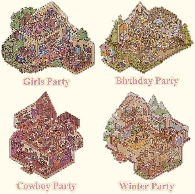 Extra Large Scene Sticker Set Include 4 Big Size 3D DIY Sticker with Background Card & Tweezer: Party Theme Isometric Miniature Creative Play Kit, Gifts for Teens Adult Stress Relief Pass Time