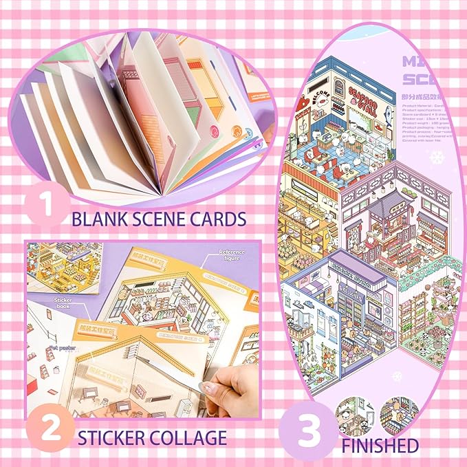 DIY Miniature 3D Sticker Book – 6 Scene Backgrounds with PET Stickers, Tweezers & Guide | Cute Isometric Room Decor Craft for Adults & Kids Stress Relief