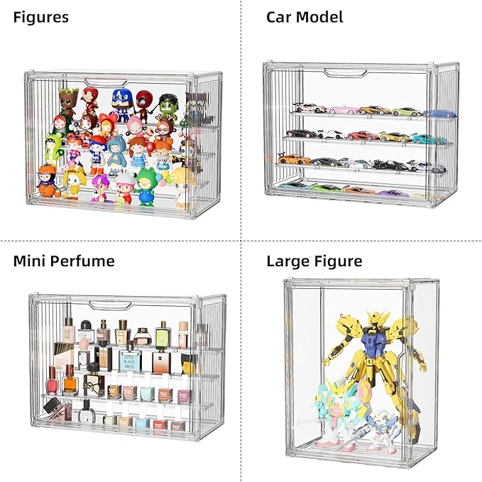 Clear Acrylic Display Case for Collectibles 4 Layer Hobby Figure Display Case Box with Shelves Stackable Figurine Display Shelf for Pop Mart Labubu, Car Model, Perfume, 2 Pack