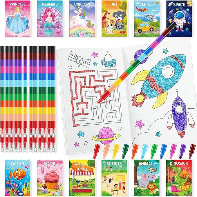 BenLouis Coloring Books for Kids With Stacking Crayons Set Mini Coloring Books Bulk for Ages 4-8-12 Small Activity Books for Birthday Party Gifts Goodie Bags Stuffers Travel（12+12Pcs Classic）