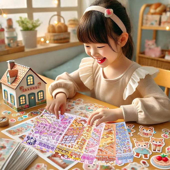 DIY 3D House Sticker, Stocking Stuffer, 6 Sets of Sticker Make Your Own Mini Shop Scenes Stickers for Kids Kawaii Cartoon Scene Stickers for Adult Relief Stress, Holiday & Christmas Fun