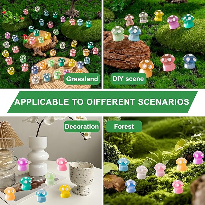 100 Pcs Glow in The Dark Mini Mushroom Figurines,10 Colors Resin Mini Figures for Fairy Garden Decor,Terrarium Accessories, Dollhouse Miniature Bulk Set