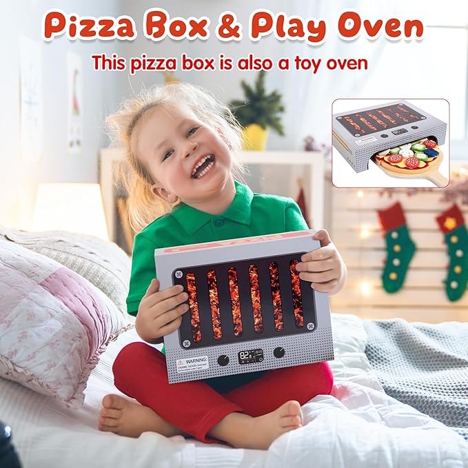 WOODMAM Pizza Toy Set, Montessori Realistic Play Food with Oven Box, Educational Learning Toys for Preschoolers Toddlers Age 3 4 5 6, Christmas Birthday Gift for Kids
