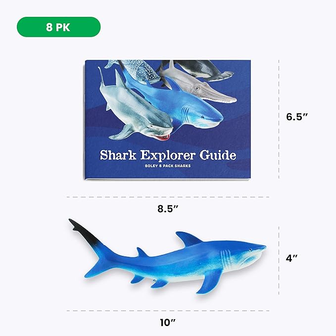 Boley Shark Toys - 8 Pack 10" Long Soft Plastic Realistic Shark Toy Set - Toddler Sensory Toys and Birthday Party Favors for Kids
