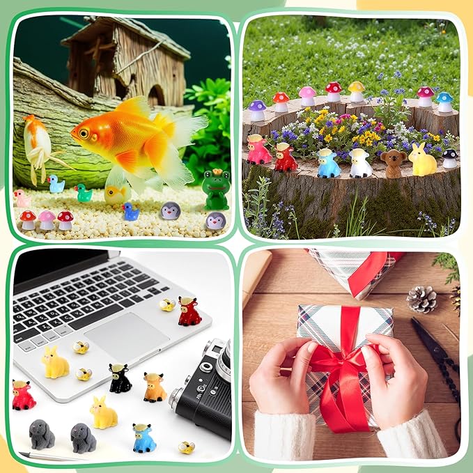 60 Pcs Mini Resin Animals with Organza Bag Card Miniature Resin Frog Rabbit Highland Cattle Koala Penguin Duck Mushroom Bee for DIY Cake Decoration Ornaments Crafts Moss Landscape
