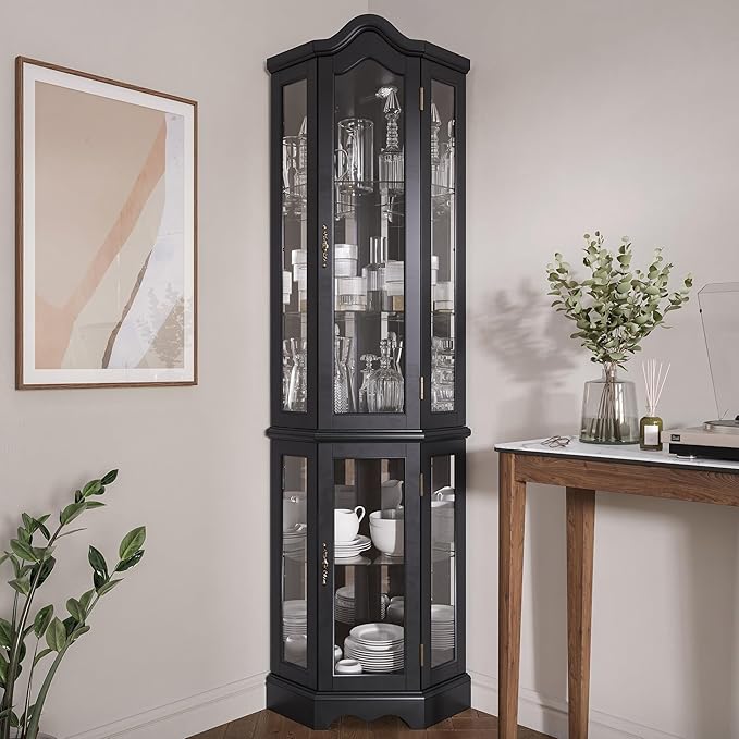 BELLEZE Lighted 3-Side Glass Display Curio Cabinet w/Tempered Glass Doors and Shelves, Curved Wood Corner Cabinet with Bulb, Corner Storage Rack for Living Room and Kitchen (Black)