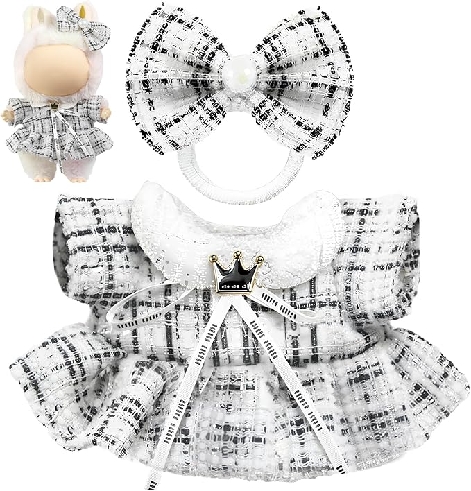Clothes for LABUBU Doll (NO Doll), Luxury Chic Style 2-Piece Accessories for LABUBU 17cm Dolls, Premium Fashion Outfits for LABUBU - Bow Headdress + Plaid Tweed Dress (White)