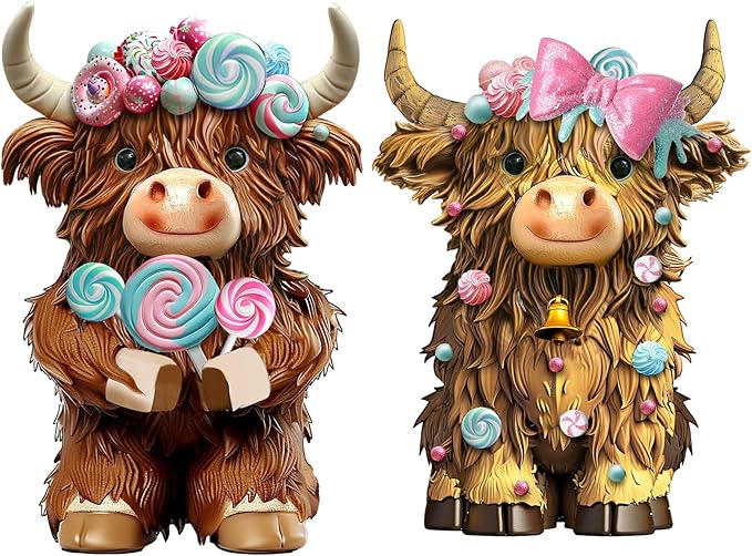 Burbell 2 Pack Highland Cow Resin Figurine Decor Macarons Candy Theme Highland Cow Gnomes with Candy Resin Statue for Birthday Themed Party Garden Table Shelf Kitchen Home Bathroom Decor Gifts