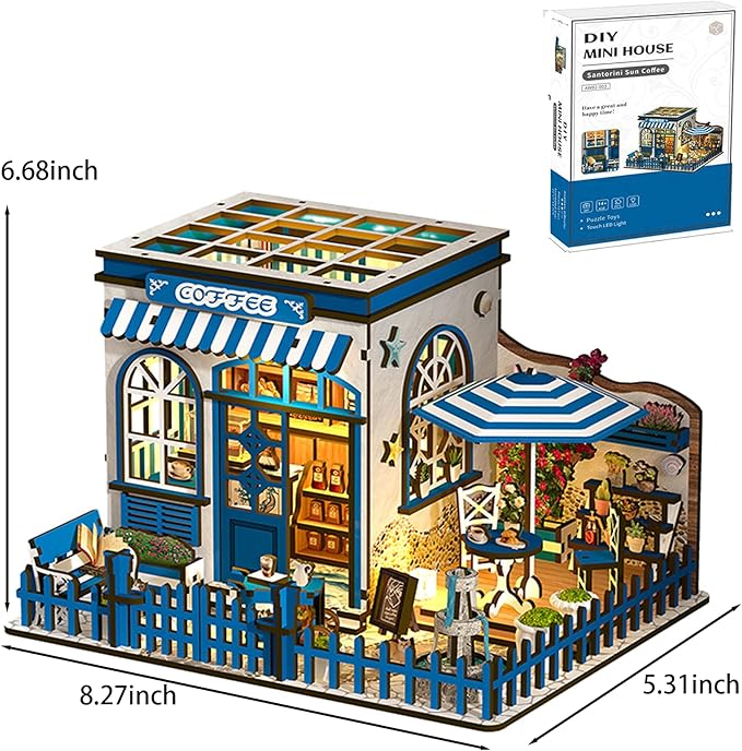 DIY Miniature House Kit - 3D Wooden Puzzle Dollhouse Kit with LED Lights, Coffee Shop Book Nook Bookshelf Insert Decor, Mini House Building Kit for Adults & Teens, Creative Craft Gift