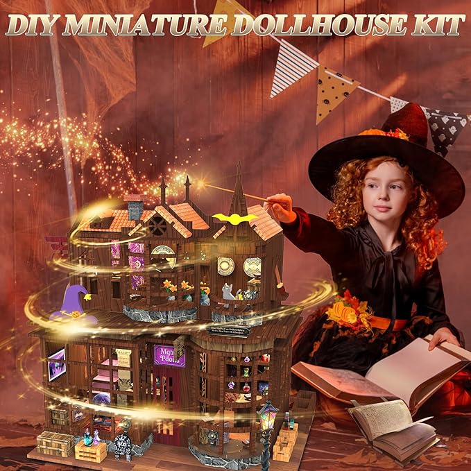 DIY Miniature Dollhouse Kit - Wooden Dollhouse Kit Miniature House Kit with LED Light - 3D Castle Puzzle Gift for Kids and Adults，Magic House DIY Kits