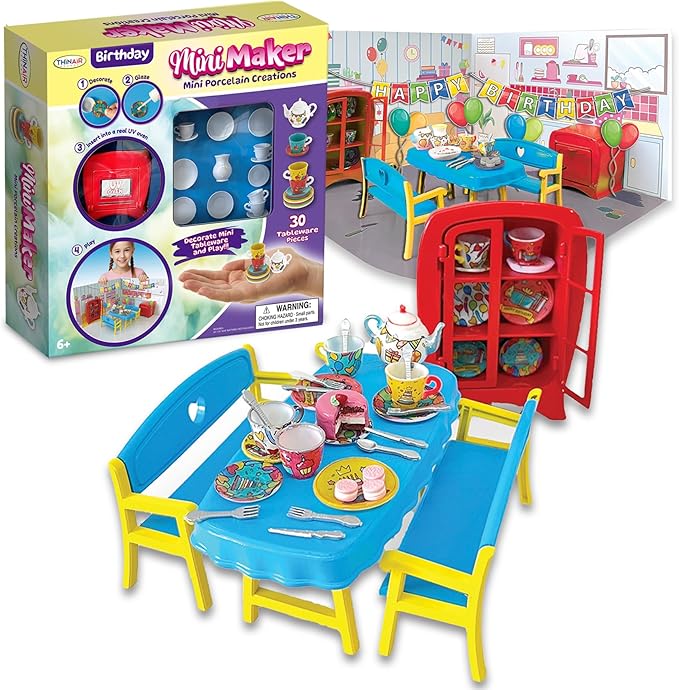 Mini Maker Party Creations – Paint Your Own Set with UV Oven – DIY Ceramic-Like Craft Kit for Girls & Boys – Decorate 30 Tableware Pieces – Decals & Glaze (Birthday Party)