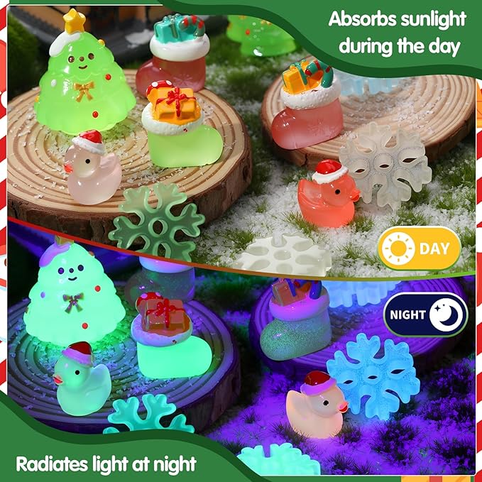 47PCS Mini Christmas Luminous Figurines Christmas Resin Miniatures Glow in The Dark Tiny Figures to Hide Small Snowman Figures for Xmas Goodie Bag Mini Presents for Crafts