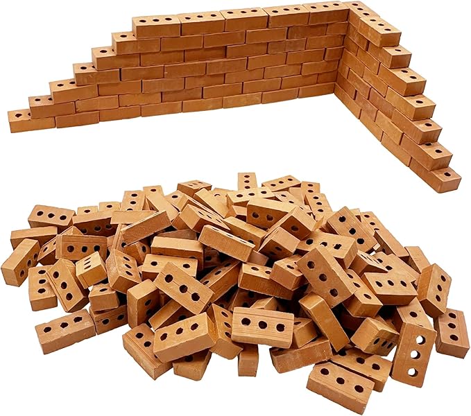 Woohome 300 PCS Mini Bricks Tiny Bricks for Landscaping Miniature Bricks Small Bricks for Crafts Realistic Fake Bricks Mini Blocks for Dollhouse Mini Garden Accessories (3 Holes Mini Red)