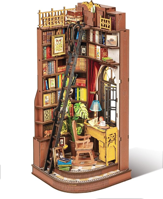 Rolife DIY Book Nook Kit Silent Corner Study, 3D Puzzles Creative British Bookend Bookshelf Decor for Adults, Tiny House Miniature Kits Model Building Kits, DIY Crafts/Gifts for Teens & Book Lovers