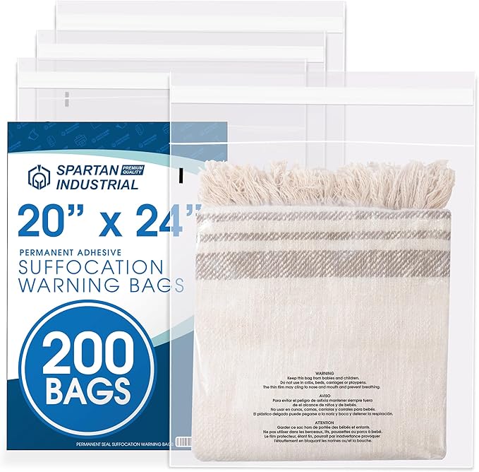 SPARTAN INDUSTRIAL - 20" X 24" (200 Count) Self-Seal Clear Poly Bags With Suffocation Warning for Packaging, Bedding, Costumes - Permanent Adhesive