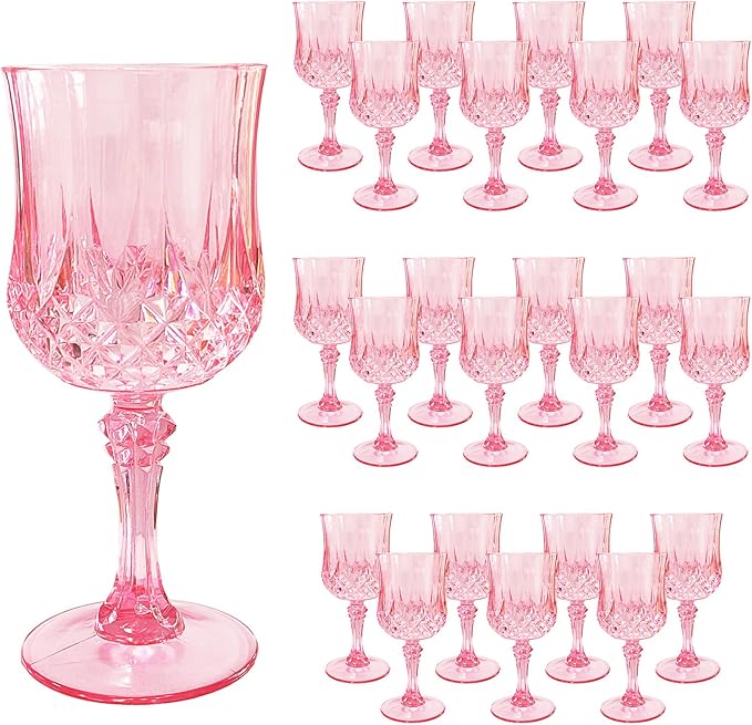 Veiuwa 24 PCS Pink Plastic Wine Glasses,Reusable Plastic Wine Glasses,Pink Goblet Glass,Durable and Sturdy Cups Can Be Used for Various Parties Such as Weddings!