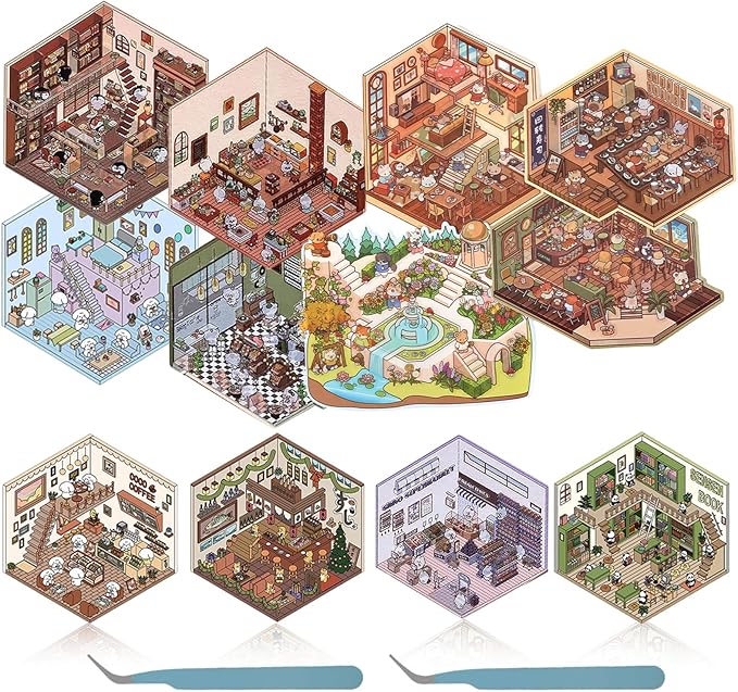DIY 3D House Stickers, Cartoon 3D Miniature Scene Stickers for Adults Kids to Make Your Own Mini Room Scenes (Set 1)