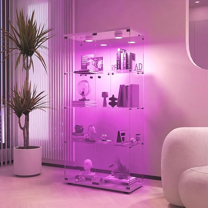 Glass Display Cabinet with Lights and Lock, 4-Tier Display Case Curio Cabinet with Glass Door, Floor Standing Showcase for Living Room Bedroom Home Office 31" W x 14.3" D x 64.5" H