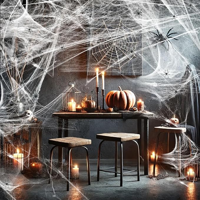 1200 sqft Halloween Spider Webs and 50pcs Fake Spiders Super Stretch Cobwebs Party Decorate for Halloween Theme Indoor and Outdoor Decoration
