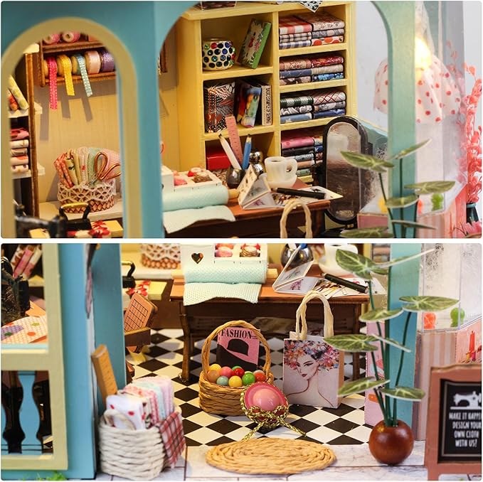 DIY Miniature House Kit, Dollhouse Kit with LED Light, Mini House Building Kits for for Adult to Building, Christmas Home Decorations Gifts for Family and Friends, Tailor's Store