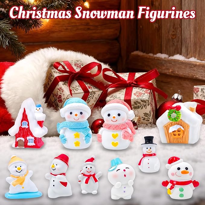 20 Pcs Mini Christmas Snowman Figurines with Winter House Snowflakes Tiny Little Xmas Resin Snowmen Miniature Figures for Holiday Crafts Garden Micro Landscape Home Table Decor