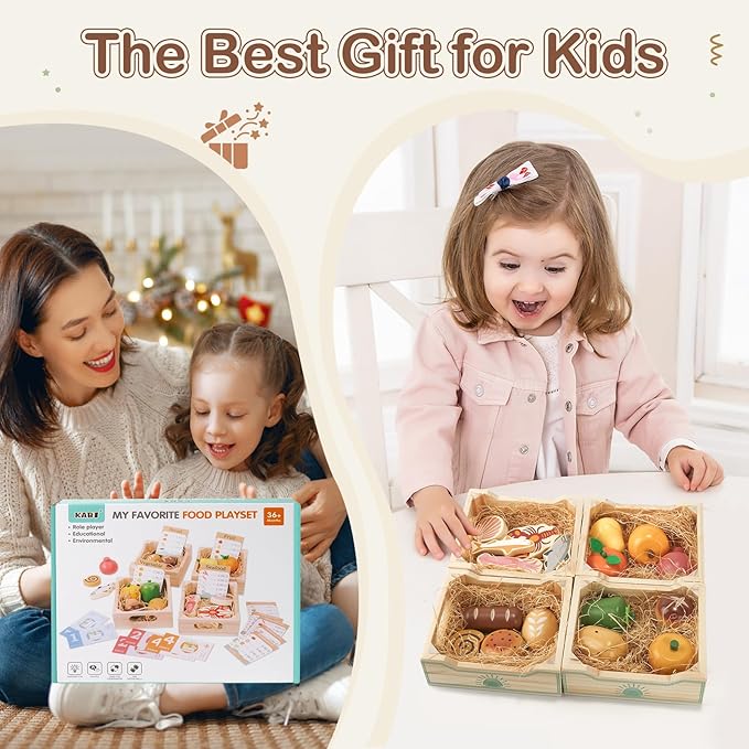 Food Groups, 36PCS Wooden Play Food Sets Play Kitchen Accessories, Grocery Store Pretend Play Realistic Toy Foods & 4 Crates & 6 Play Money & 9 Shopping Lists Pretend Food for Toddlers 1-3