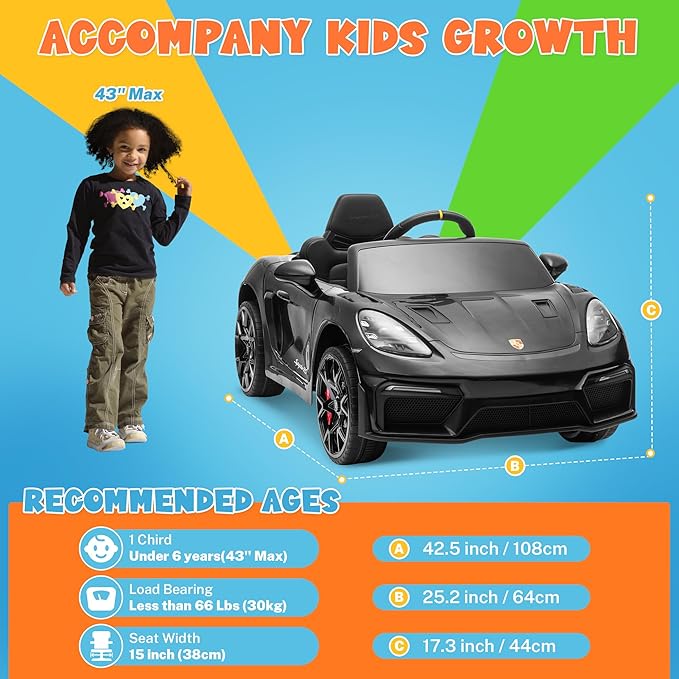 ENYOPRO Licensed Porsche 718 Spyder RS Ride-On Electric Car for Kids with Remote Control, 12v Ride On Toys for Toddlers, Electric Power Vehicle w/Trailer Wheels, Bluetooth/USB/AUX, LED Lights, Black