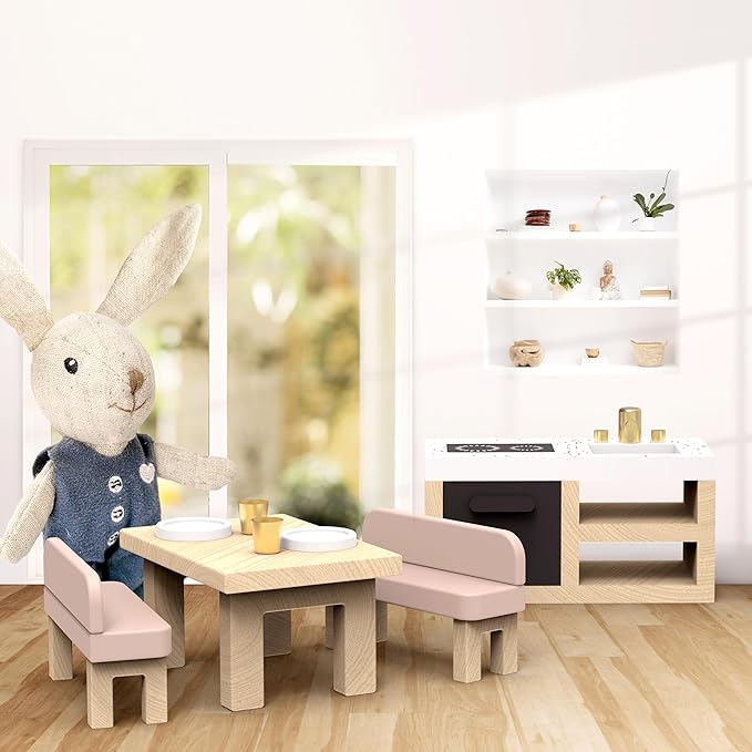 SPEEDY MONKEY Doll House Kitchen Playset with Bunny – Miniature FSC Wooden Kitchen Furniture Set – Dining Table, 4 Chairs, Fridge & Accessories – Pretend Play Doll House Decor Toy for Kids & Girls