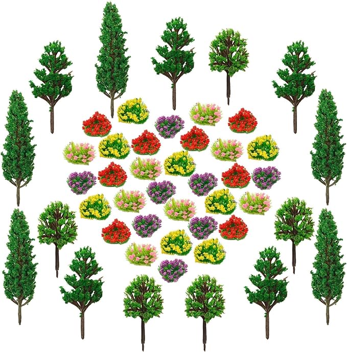 Warmtree 47 Pcs Model Trees and Flowers - 32 Colorful Flower Clusters, 15 Mixed Trees for Miniature Fairy Garden, Train Landscape, Military Layout, and Dioramas