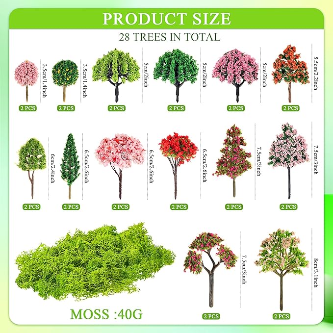 Canlierr 28 Pcs Miniature Model Trees for Diorama Mixed Mini Tiny Fake Plastic Fall Maple Trees with 40g Faux Moss for Villages, Craft, Model Train Autumn Scenery Accessories