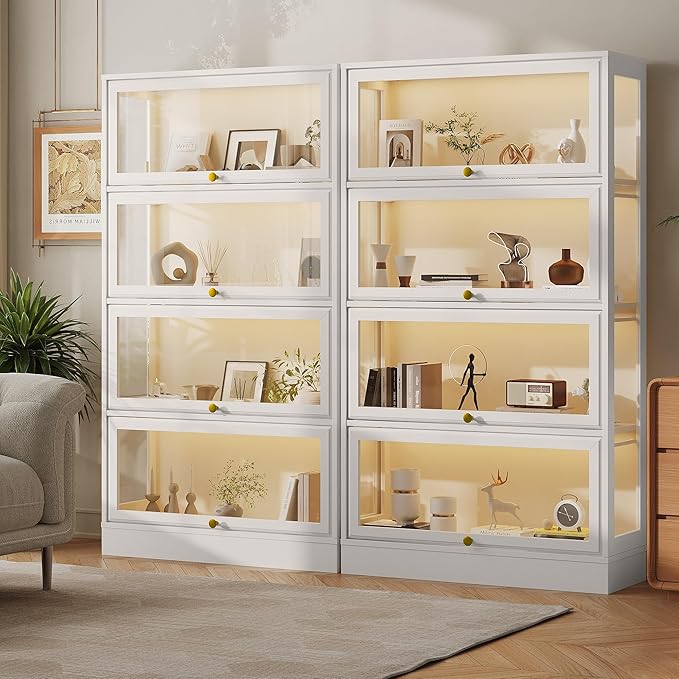 Display Cabinet with Acrylic Glass Doors,4-Tiers Curio Cabinet with LED Lighting for Collectibles, Collectibles Toy Organizers Rack & Display Shelf Display Case Storage Cabinet, Antique White