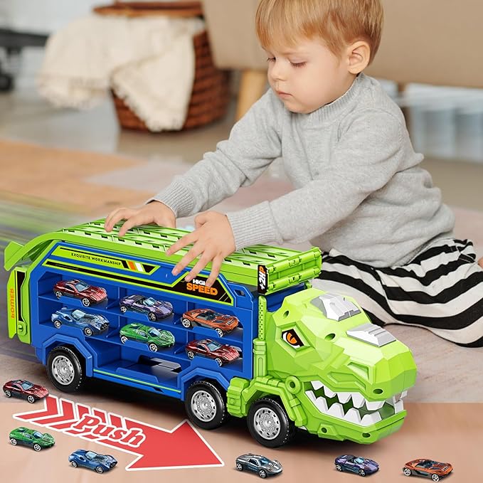 Dinosaur Truck Car Toys for 3, 4, 5, 6, 7, 8 Years Old Kids, Carrier Truck Race Track Toys, Foldable Transport Car Toy with Foldable Race Tracks, 6 Metal Cars, Birthday Gifts for Toddler Boys Girls