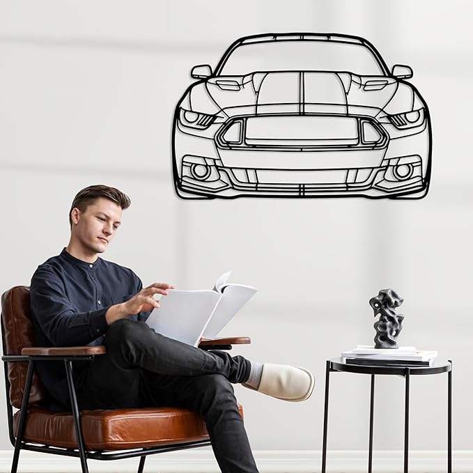 DecoSoul Mustang Metal Car Wall Art, Sports Car, Automotive Silhouette Line Decoration, Minimalist Sculpture for Garage, Indoor Outdoor Wall Hanging, Gift for Boyfriend (Black - 20 x 5.5” inch)