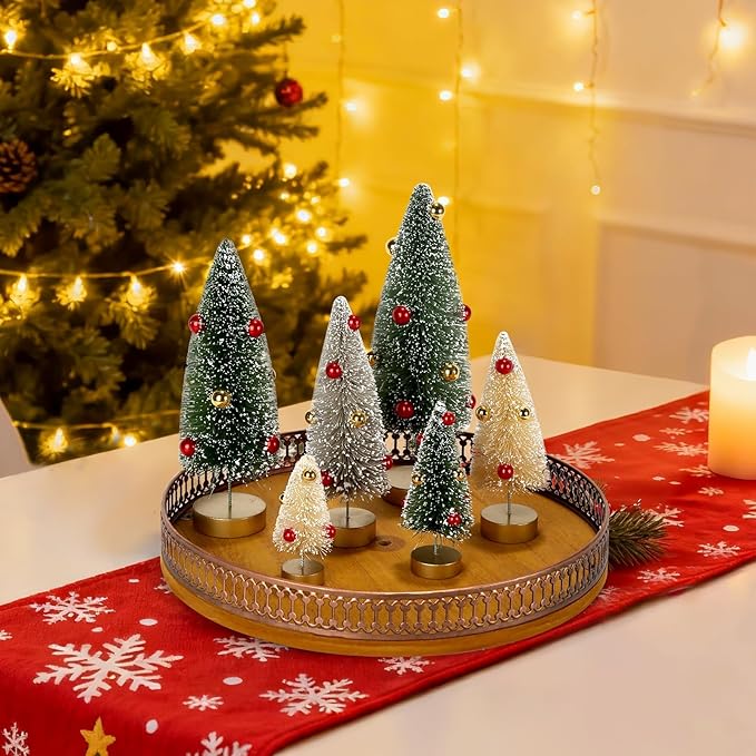 6 Pack Mini Christmas Trees, Small Miniature Frosted Bottle Brush Christmas Tree Decorations Tiny Tabletop Villiage Sisal Trees Decorated with Snow and Beads Winter Holiday Décor Assorted Sizes