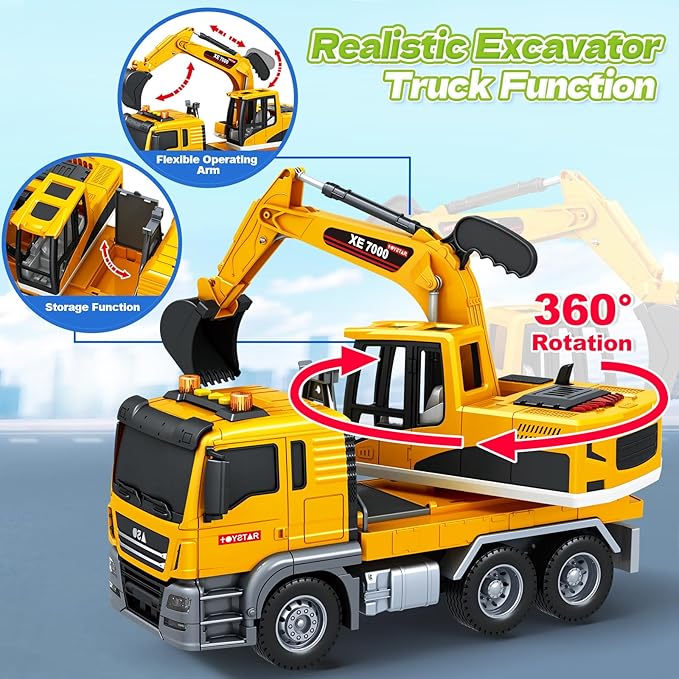 Kids Toys for 3 4 5 6 7 8 Years Old Boys, Large Excavator Truck Toy with Lights, Sounds, Toddler Friction Powered Truck Vehicle Toy for Boys Girls Christmas Birthday Gifts