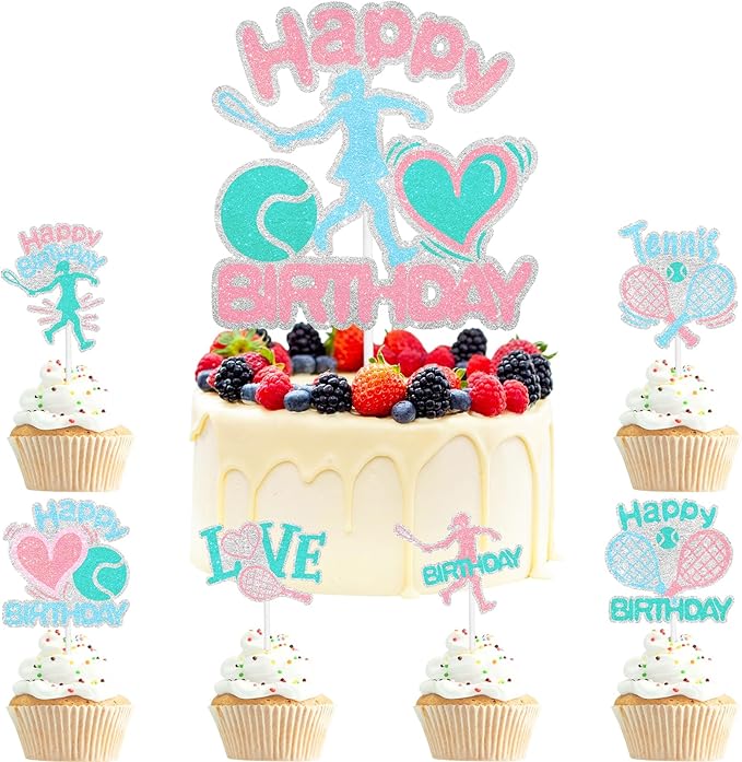 7-Piece Tennis Cake Topper Set Girls Athlete Happy Birthday Racket, Girls and Ladies Tennis Player Birthday Party, Baby Shower Party or Tennis Themed Party I Love Tennis Decorations. LIANGSS