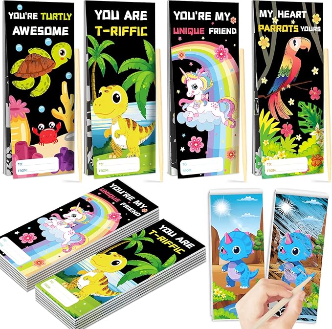 Shemira Valentines Day Gifts for Kids-24 Pack Scratch Art Crafts Notebook Kit with Valentines Cards for Kids, Valentines Day Cards for School Classroom Exchange, Valentines Party Favor Supplies