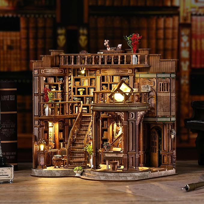 DIY Miniature House Kit, Book Nook Kit, 3D Wooden Puzzles Bookshelf Craft Kits, Dollhouse Kit with LED Light, Mini Building Kit for Adults Teen to Build (Dreamy Book Hall)
