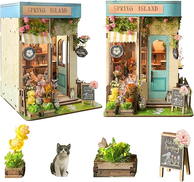 CUTEROOM Book Nook Kit for Adults, 3D Wooden Puzzle DIY Miniature Dollhouse Booknook Kit, Tiny House Building Kit with LED Light for Bookshelf Insert Decor- Spring Island