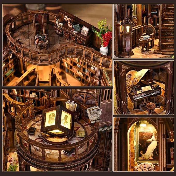 DIY Miniature House Kit, Book Nook Kit, 3D Wooden Puzzles Bookshelf Craft Kits, Dollhouse Kit with LED Light, Mini Building Kit for Adults Teen to Build (Dreamy Book Hall)