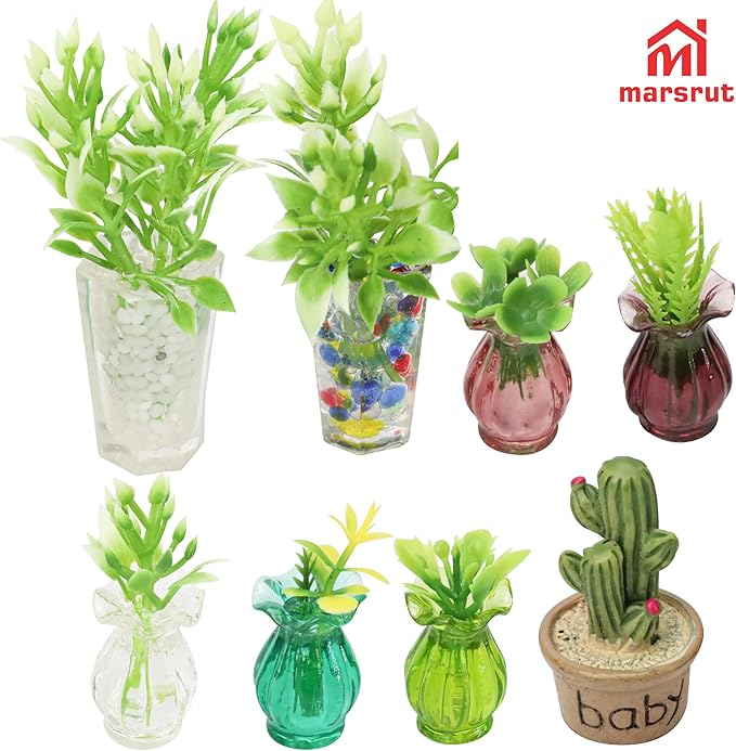 8Pcs Miniature Plants for Dollhouse 1/12 Scale, Mini Flower Pots and Glass Vases Bulk Set, Tiny Potted Succulent Buds Accessories for, Micro Landscape, Garden, DIY Crafts, Table Festival Decoration