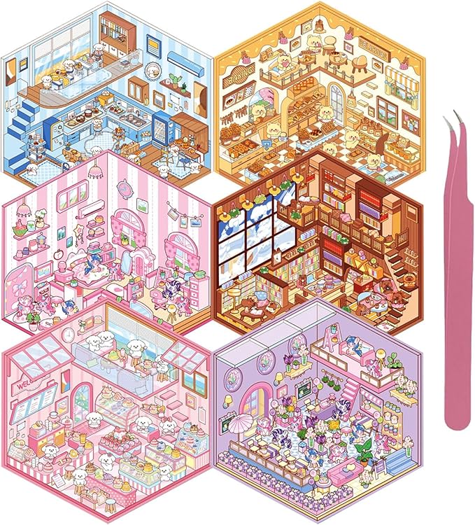 DIY 3D Sticker Scene, Stocking Stuffer, 6 Sets of Stickers for Girls Make Your Own Mini Room Scene Stickers for Kids Cute Kawaii Sticker Therapy for Adult Relief Stress, Holiday & Christmas Fun