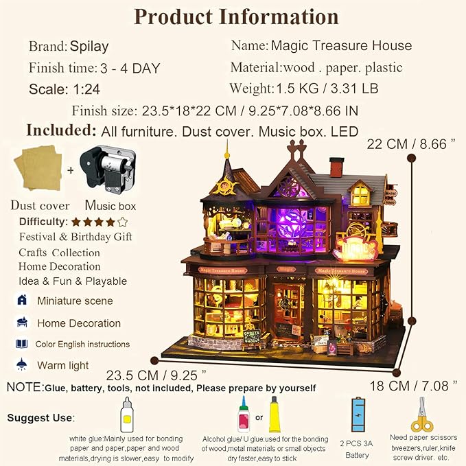 Spilay DIY Miniature House Kit, DIY Dollhouse Kit with Music Box and Dust Cover, 3D Wooden Puzzle Book Nook Kit for Adult, Bookshelf Decor&Gift for Birthday Halloween Christmas（Magic Treasure House）