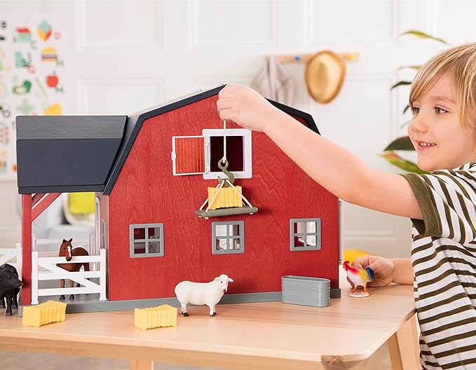 Terra by Battat - Wooden Animal Barn Toy Set with 20 Pieces - Farm Animals Toys for Kids 3-5 Years - Foldable Roof, Hay Bales, Pulley & Fences - Screen-Free Toddler Toys for Pretend Play