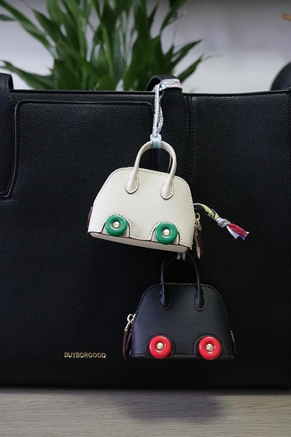 Buyborgood Women's 2 PCS Mini Tote Bag Charms Keychain Pouch Small Coin Purse Wallet, Black+White