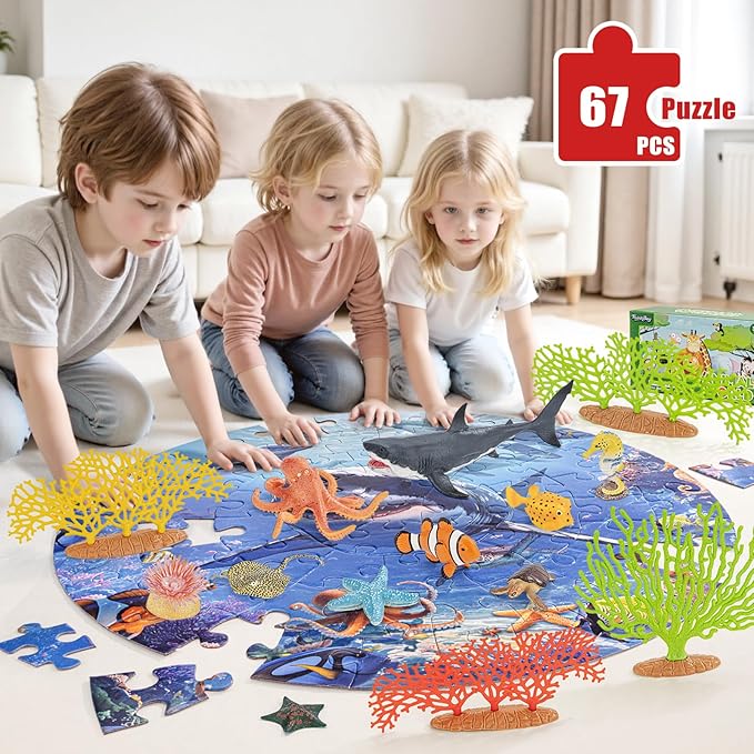 14PCS Realistic Ocean Sea Animals Coral Toys with 20" Floor Puzzles for Kids, Kids Ocean Animals Toys Including Shark,Octopus,Starfish,Sea Turtle for Toddler Boys Girls, Birthday Gifts