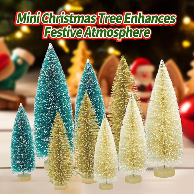 Yahpetes Christmas Trees 9 Pcs Artificial Bottle Brush Tabletop Trees Christmas Table Decorations for Xmas Holiday Party Decor (Blue-Green,Gold,Beige 9Pcs)